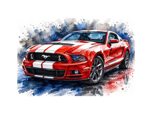 Red Mustang watercolor modern car wall art luxury canvas print for living room office decor