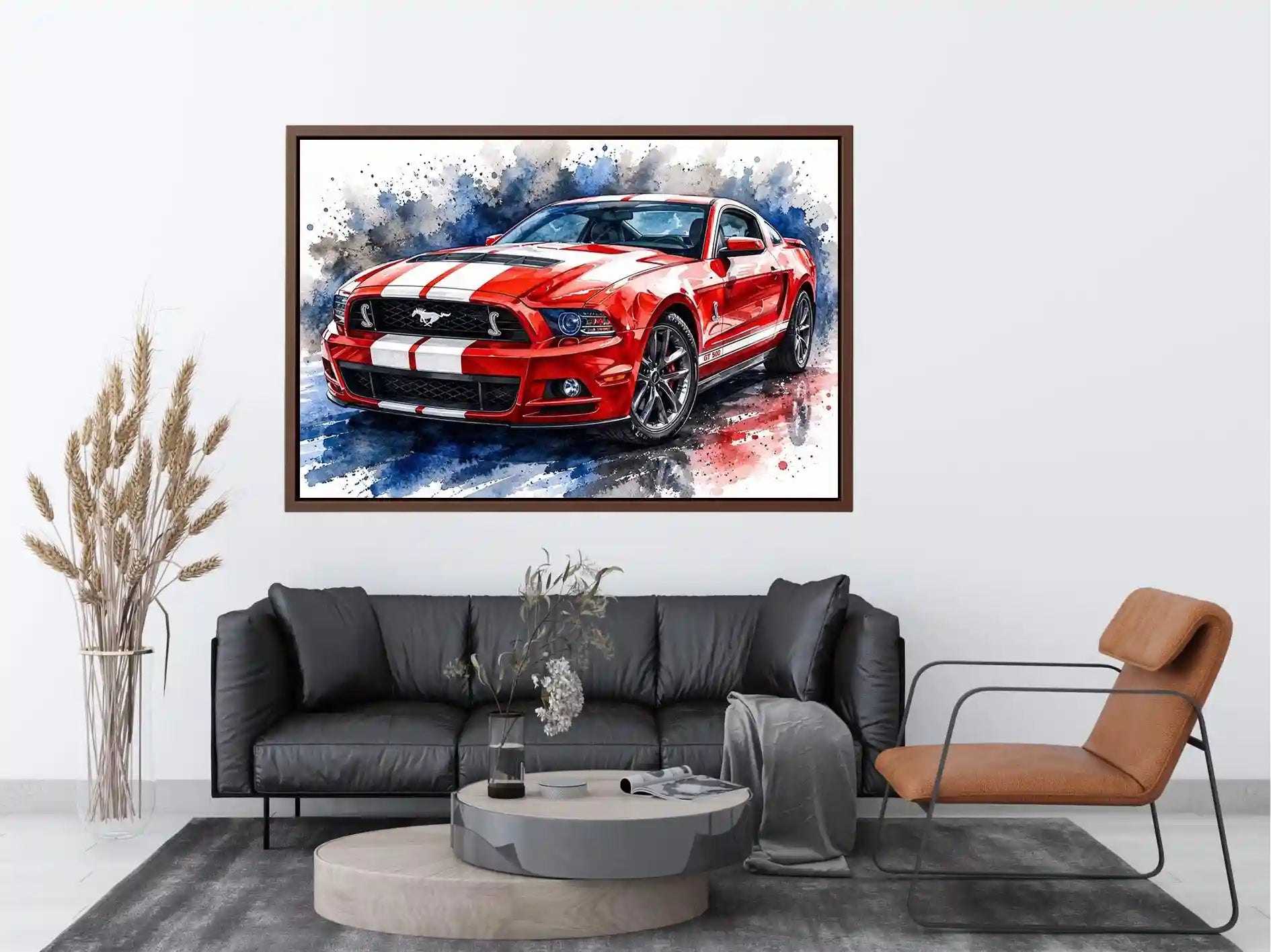 Red Mustang watercolor modern car wall art luxury canvas print for living room office decor
