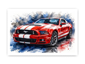 Red Mustang watercolor modern car wall art luxury canvas print for living room office decor