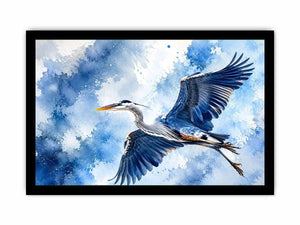 Flying heron bird watercolor wall art blue serene canvas print for living room bedroom decor