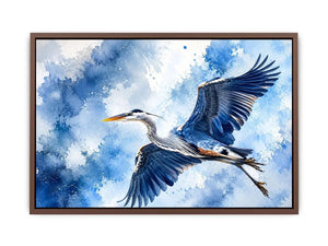 Flying heron bird watercolor wall art blue serene canvas print for living room bedroom decor