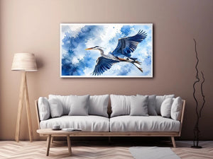 Flying heron bird watercolor wall art blue serene canvas print for living room bedroom decor