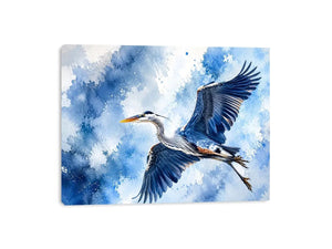 Flying heron bird watercolor wall art blue serene canvas print for living room bedroom decor
