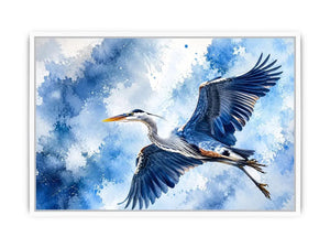Flying heron bird watercolor wall art blue serene canvas print for living room bedroom decor