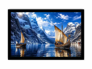 Viking ship fjord landscape wall art snowy mountain canvas print for living room office decor