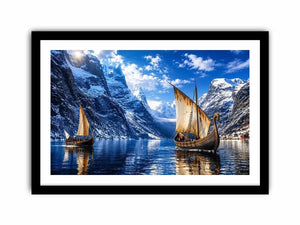 Viking ship fjord landscape wall art snowy mountain canvas print for living room office decor