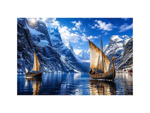 Viking ship fjord landscape wall art snowy mountain canvas print for living room office decor