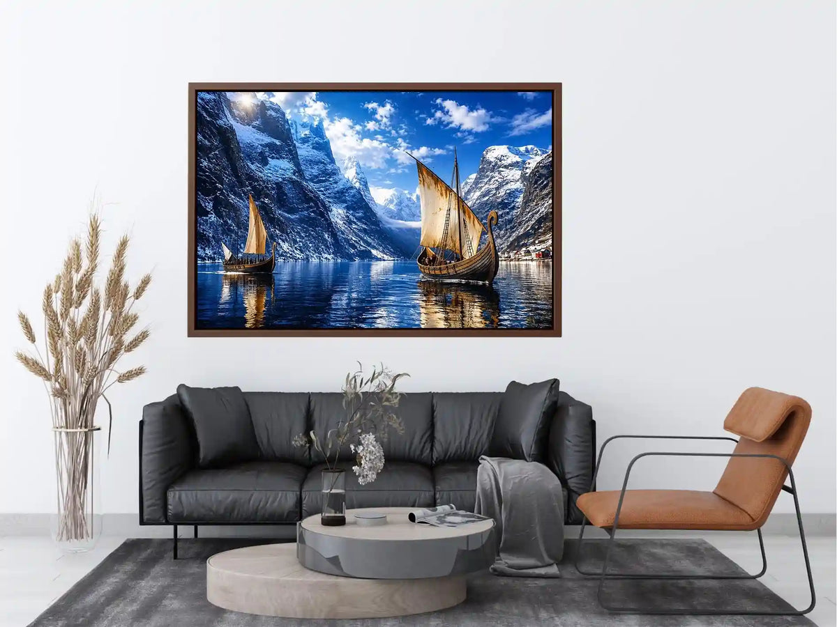 Viking ship fjord landscape wall art snowy mountain canvas print for living room office decor