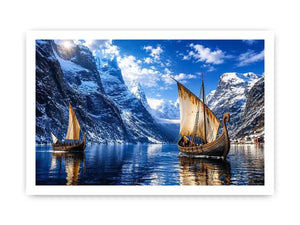 Viking ship fjord landscape wall art snowy mountain canvas print for living room office decor