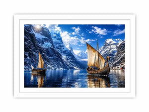 Viking ship fjord landscape wall art snowy mountain canvas print for living room office decor