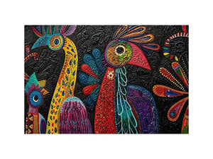 Colorful textured folk bird painting with bold tribal patterns on dark background