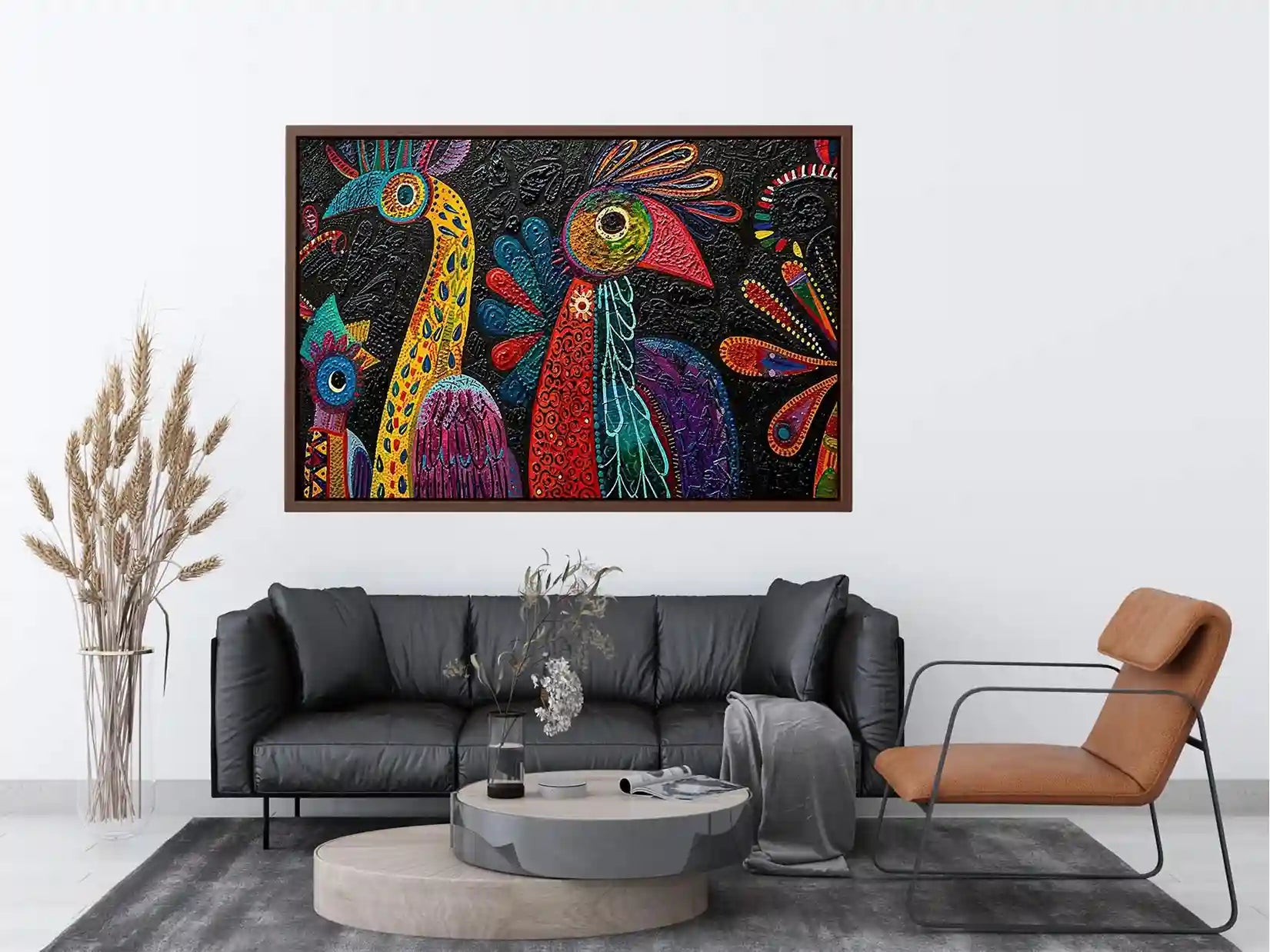 Colorful textured folk bird painting with bold tribal patterns on dark background