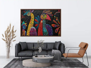 Colorful textured folk bird painting with bold tribal patterns on dark background
