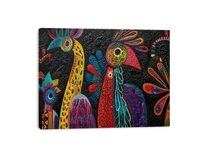 Colorful textured folk bird painting with bold tribal patterns on dark background