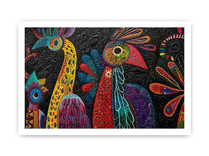 Colorful textured folk bird painting with bold tribal patterns on dark background