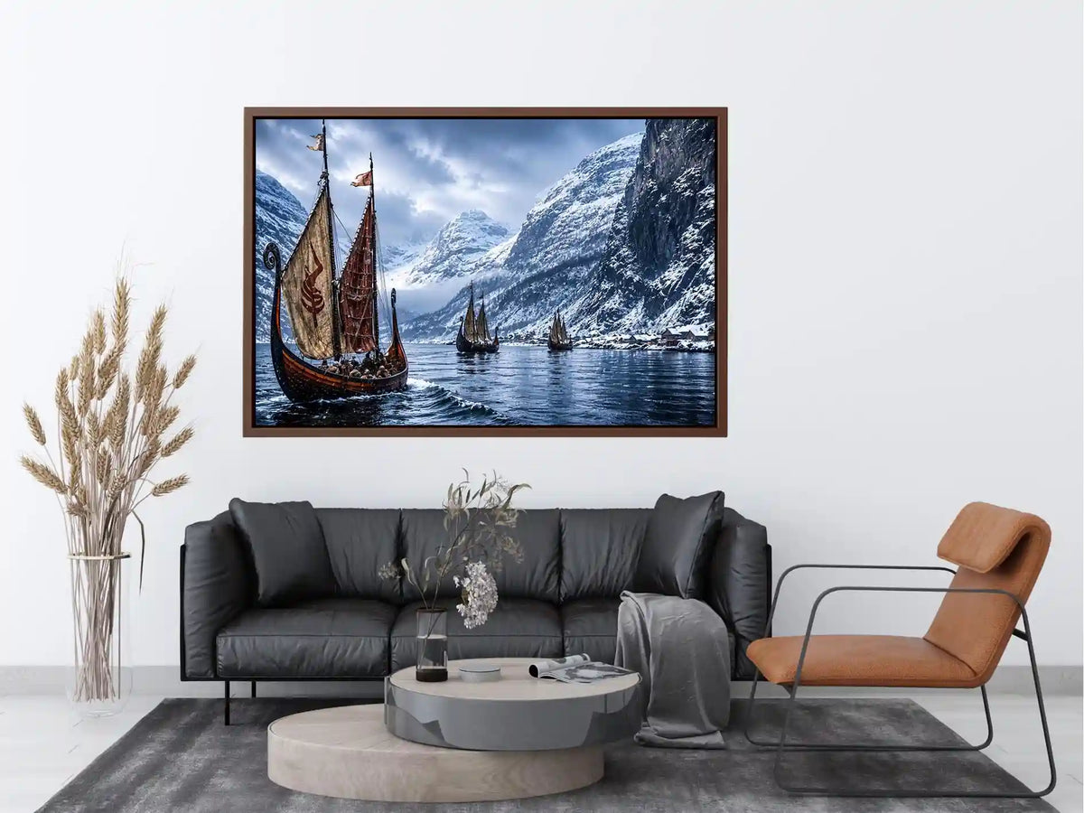 Viking ships snowy fjord wall art cinematic winter landscape canvas print for living room office decor