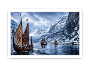 Viking ships snowy fjord wall art cinematic winter landscape canvas print for living room office decor
