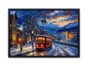 Winter tram cityscape wall art glowing lights snowy street canvas print for living room bedroom decor