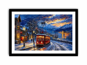 Winter tram cityscape wall art glowing lights snowy street canvas print for living room bedroom decor