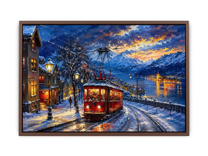 Winter tram cityscape wall art glowing lights snowy street canvas print for living room bedroom decor