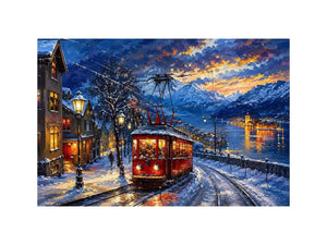Winter tram cityscape wall art glowing lights snowy street canvas print for living room bedroom decor