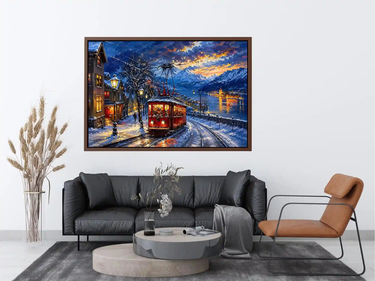 Winter tram cityscape wall art glowing lights snowy street canvas print for living room bedroom decor