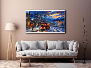 Winter tram cityscape wall art glowing lights snowy street canvas print for living room bedroom decor