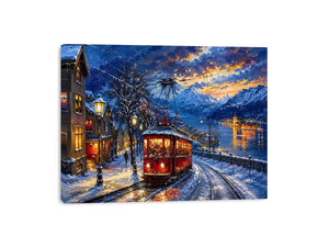 Winter tram cityscape wall art glowing lights snowy street canvas print for living room bedroom decor