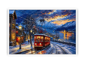 Winter tram cityscape wall art glowing lights snowy street canvas print for living room bedroom decor