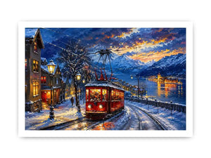 Winter tram cityscape wall art glowing lights snowy street canvas print for living room bedroom decor