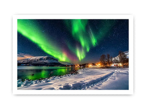 Aurora borealis northern lights wall art snowy landscape night sky canvas print for living room bedroom decor