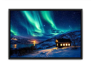 Aurora borealis cabin wall art snowy night landscape northern lights canvas print for living room bedroom decor