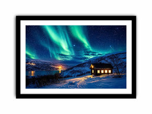 Aurora borealis cabin wall art snowy night landscape northern lights canvas print for living room bedroom decor