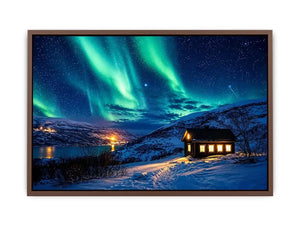 Aurora borealis cabin wall art snowy night landscape northern lights canvas print for living room bedroom decor