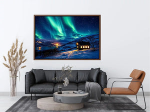 Aurora borealis cabin wall art snowy night landscape northern lights canvas print for living room bedroom decor