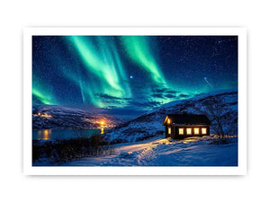 Aurora borealis cabin wall art snowy night landscape northern lights canvas print for living room bedroom decor