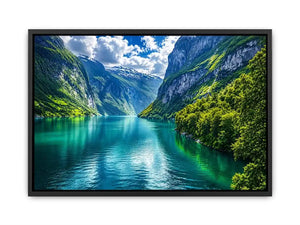 Scandinavian fjord landscape wall art green mountains lake canvas print for living room office decor