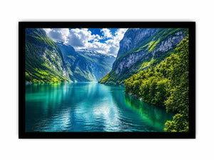 Scandinavian fjord landscape wall art green mountains lake canvas print for living room office decor