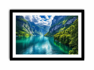 Scandinavian fjord landscape wall art green mountains lake canvas print for living room office decor