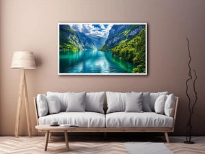 Scandinavian fjord landscape wall art green mountains lake canvas print for living room office decor