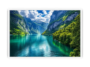 Scandinavian fjord landscape wall art green mountains lake canvas print for living room office decor