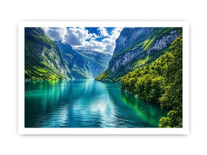Scandinavian fjord landscape wall art green mountains lake canvas print for living room office decor