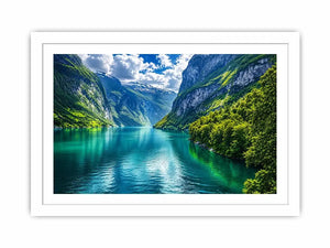 Scandinavian fjord landscape wall art green mountains lake canvas print for living room office decor