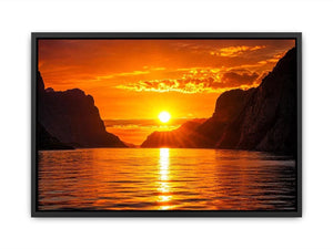Golden sunset fjord wall art glowing sun reflection landscape canvas print for living room bedroom decor