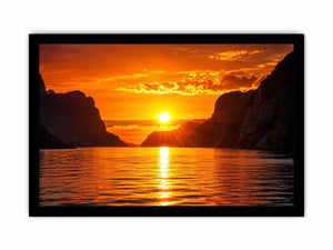 Golden sunset fjord wall art glowing sun reflection landscape canvas print for living room bedroom decor