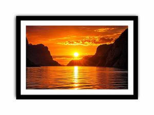 Golden sunset fjord wall art glowing sun reflection landscape canvas print for living room bedroom decor