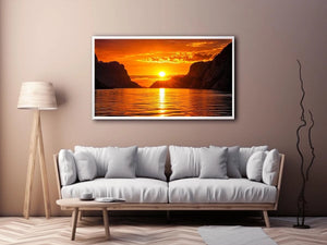 Golden sunset fjord wall art glowing sun reflection landscape canvas print for living room bedroom decor