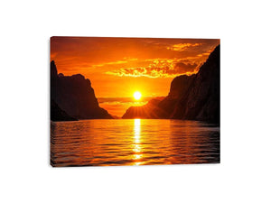 Golden sunset fjord wall art glowing sun reflection landscape canvas print for living room bedroom decor