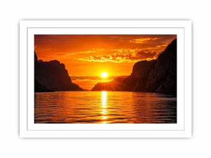 Golden sunset fjord wall art glowing sun reflection landscape canvas print for living room bedroom decor