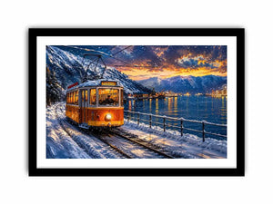 Winter tram fjord wall art snowy landscape glowing lights canvas print for living room bedroom decor